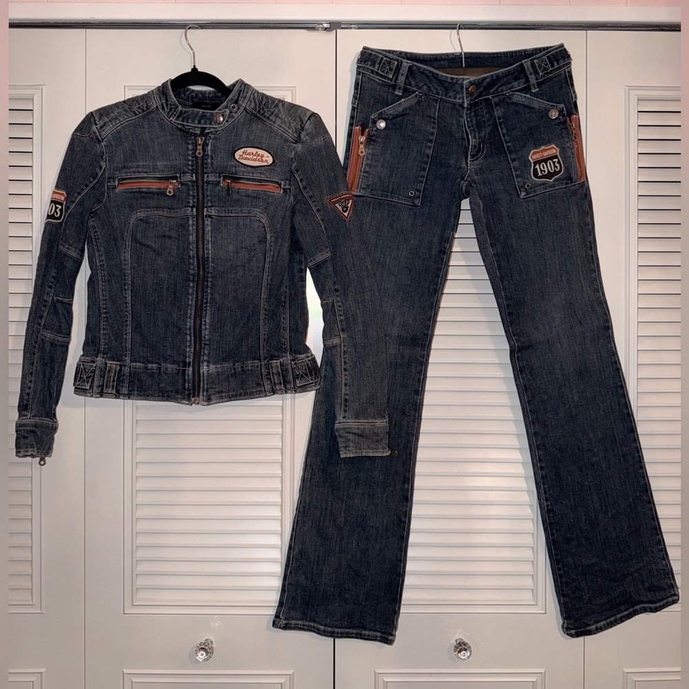 Harley Davidson Women's S Vintage Matching Denim Jacket & Denim Pant Set.